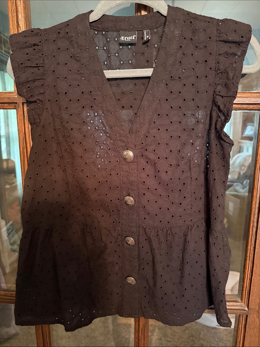 Cruel Denim Womens Black Eyelet Concho Button Ruffle Peplum Top‎ Size Medium